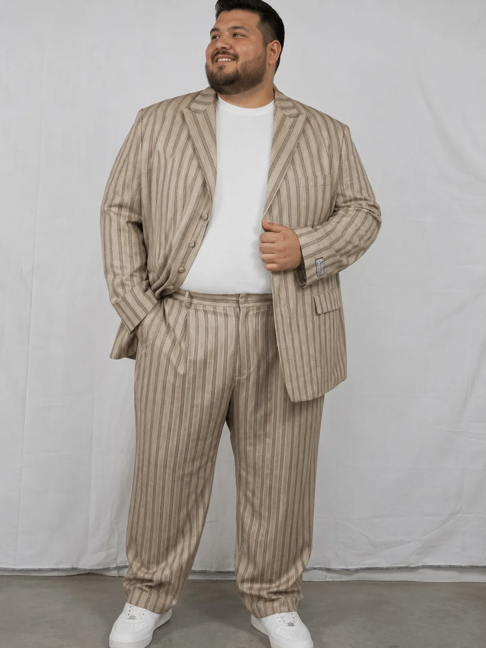 Striped Beige Two-Piece Suit - Relaxed Fit